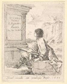 Plate 1: a young man sitting on a stone, facing left in profile, holding a drawing pad in ..., 1650. Creator: Stefano della Bella