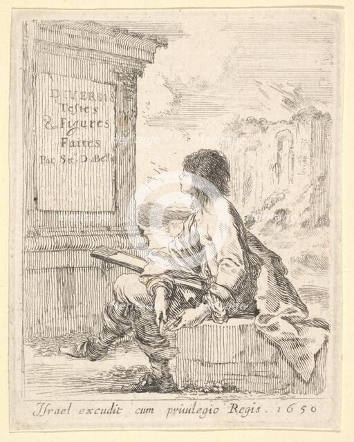 Plate 1: a young man sitting on a stone, facing left in profile, holding a drawing pad in ..., 1650. Creator: Stefano della Bella.