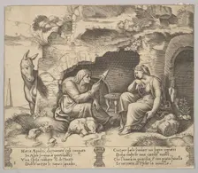 Plate 1: Apuleius changed into a donkey listening to the story told by the old woman sp..., 1520-70. Creator: Master of the Die