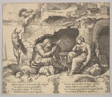 Plate 1: Apuleius changed into a donkey listening to the story told by the old woman sp..., 1520-70. Creator: Master of the Die