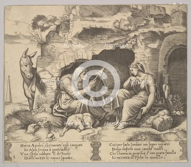 Plate 1: Apuleius changed into a donkey listening to the story told by the old woman sp..., 1520-70. Creator: Master of the Die.