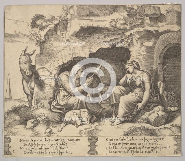 Plate 1: Apuleius changed into a donkey listening to the story told by the old woman sp..., 1520-70. Creator: Master of the Die.