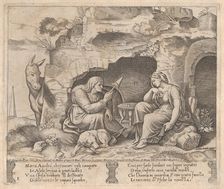 Plate 1: Apuleius changed into a donkey, listening to the story told by the old woman, ..., 1530-60. Creator: Master of the Die