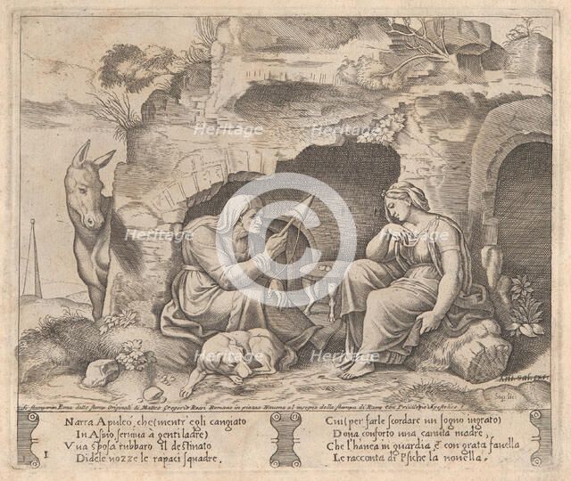Plate 1: Apuleius changed into a donkey, listening to the story told by the old woman, ..., 1530-60. Creator: Master of the Die.