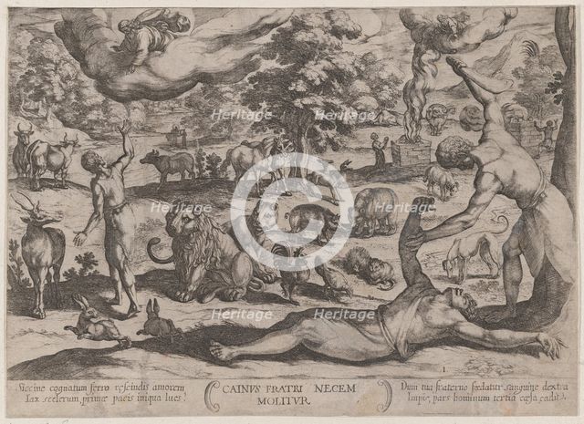 Plate 1: Cain Killing Abel, from 'The Battles of the Old Testament', ca. 1590..., ca. 1590-ca. 1610. Creator: Antonio Tempesta.