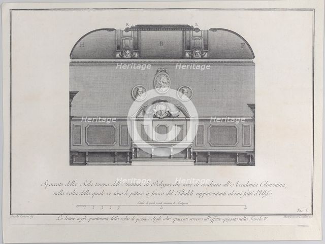 Plate 1: cross-section of the Hall of the Institute of Bologna, which served as the reside..., 1756. Creator: Bartolomeo Crivellari.