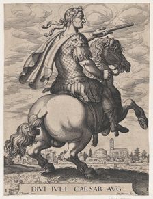 Plate 1: Emperor Julius Caesar on Horseback, from The First Twelve Roman Caesars af..., 1610-50. Creator: Matthaus Merian