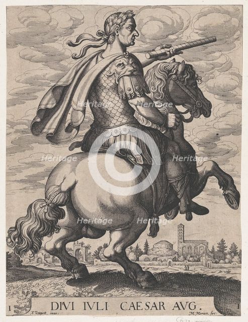 Plate 1: Emperor Julius Caesar on Horseback, from ' The First Twelve Roman Caesars', af..., 1610-50. Creator: Matthaus Merian.