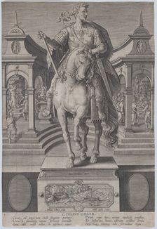 Plate 1: equestrian statue of Julius Caesar, seen from the front, with a scene of a..., ca. 1587-89. Creator: Adriaen Collaert