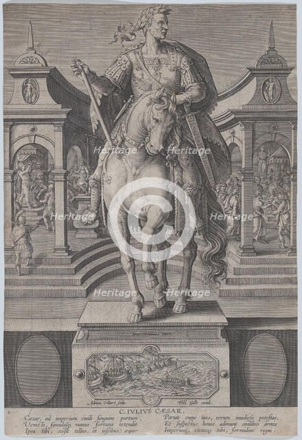 Plate 1: equestrian statue of Julius Caesar, seen from the front, with a scene of a..., ca. 1587-89. Creator: Adriaen Collaert.