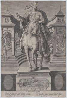 Plate 1: equestrian statue of Julius Caesar, seen from the front, with a scene of a..., ca. 1587-89. Creator: Adriaen Collaert
