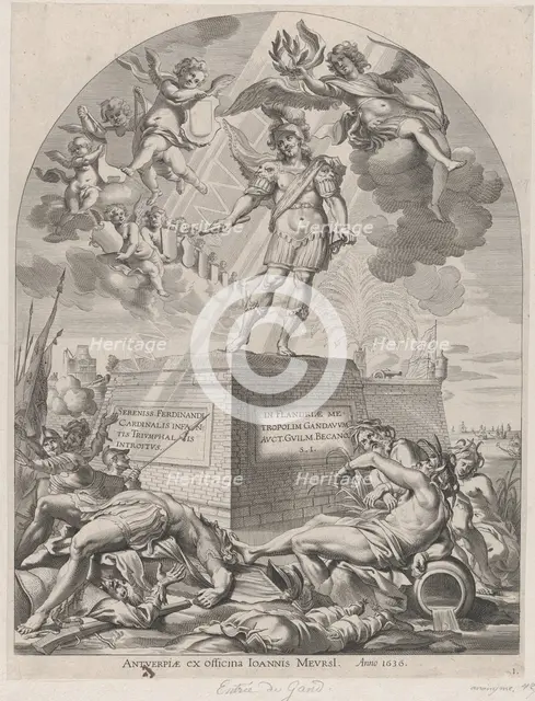 Plate 1: Ferdinand as Mars, standing on a pedestal; from Guillielmus Becanus's 'Serenissim..., 1636. Creator: Pieter de Jode II.