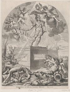 Plate 1: Ferdinand as Mars, standing on a pedestal; from Guillielmus Becanus's Serenissim..., 1636. Creator: Pieter de Jode II