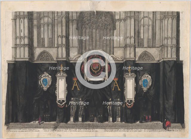 Plate 1: Figures gathered before a curtained wall, decorated with three armorials with the..., 1623. Creator: Cornelis Galle I.