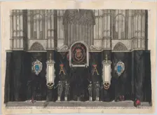 Plate 1: Figures gathered before a curtained wall, decorated with three armorials with the..., 1623. Creator: Cornelis Galle I