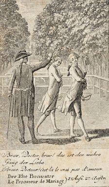 Plate 1 for C. L. Bretzner's The Marriage Broker 1784. Creator: Daniel Nikolaus Chodowiecki