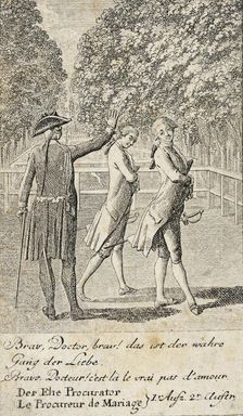 Plate 1 for C. L. Bretzner's The Marriage Broker 1784. Creator: Daniel Nikolaus Chodowiecki