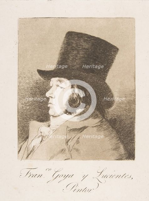 Plate 1 from 'Los Caprichos': Self-portrait of Goya ( Franco. Goya e Lucientes, Pintor), 1799. Creator: Francisco Goya.