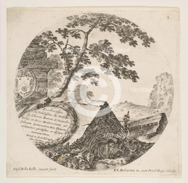 Plate 1: fragments from ancient monuments, from 'Roman Landscapes and Ruins' (Paysages..., ca. 1646. Creator: Stefano della Bella.
