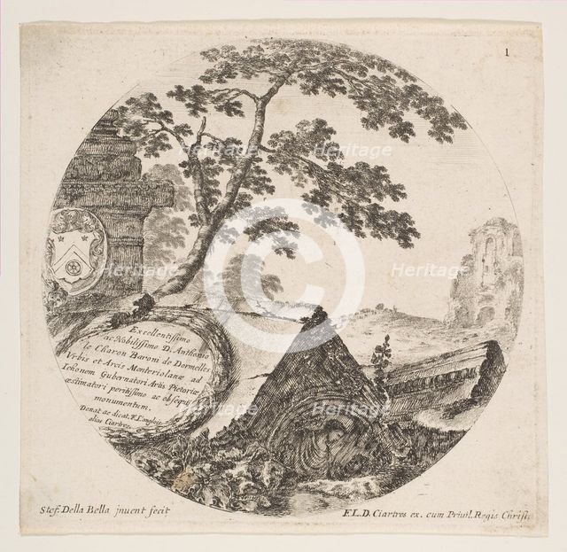 Plate 1: fragments from ancient monuments, from 'Roman Landscapes and Ruins' (Paysages..., ca. 1646. Creator: Stefano della Bella.