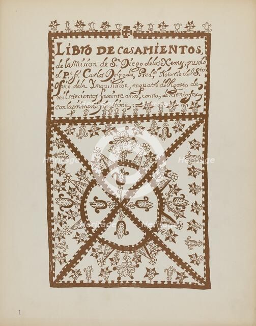 Plate 1: Jemez Book of Marriages: From Portfolio "Spanish Colonial Designs of New Mexico", 1935/1942 Creator: Unknown.
