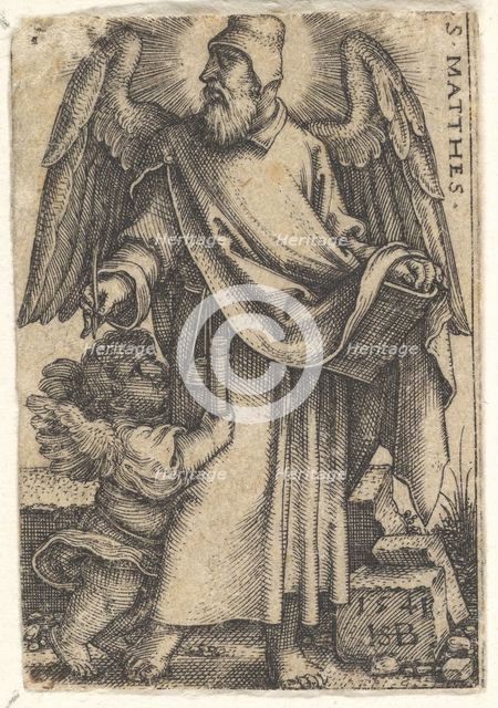 Plate 1: Saint Matthew with his head turned in profile to the left, a cherub at bottom lef..., 1541. Creator: Sebald Beham.