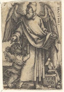Plate 1: Saint Matthew with his head turned in profile to the left, a cherub at bottom lef..., 1541. Creator: Sebald Beham