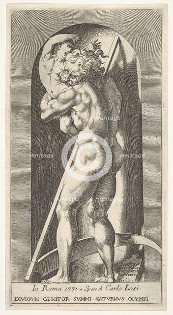 Plate 1: Saturn in a niche devouring his son, standing before a scythe, from a series of m..., 1526. Creator: Giovanni Jacopo Caraglio.