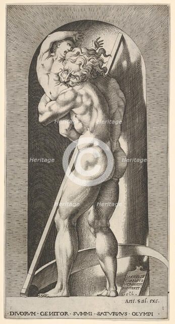 Plate 1: Saturn in a niche devouring his son, standing before a scythe, from a series of m..., 1526. Creator: Giovanni Jacopo Caraglio.