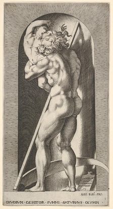 Plate 1: Saturn in a niche devouring his son, standing before a scythe, from a series of m..., 1526. Creator: Giovanni Jacopo Caraglio