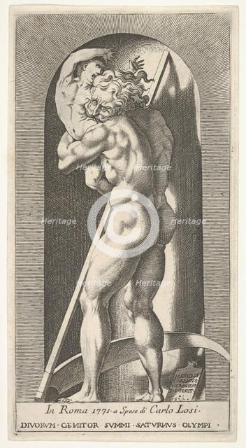 Plate 1: Saturn in a niche devouring his son, standing before a scythe, from a series of m..., 1526. Creator: Giovanni Jacopo Caraglio.