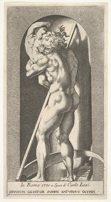 Plate 1: Saturn in a niche devouring his son, standing before a scythe, from a series of m..., 1526. Creator: Giovanni Jacopo Caraglio