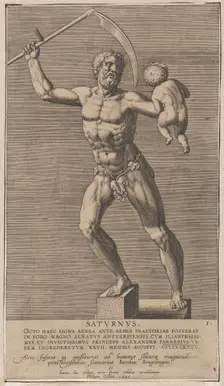 Plate 1: Saturn; statue of the nude god standing on a socle, holding a scythe in his right..., 1586. Creator: Philip Galle