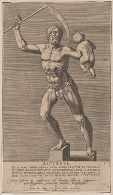 Plate 1: Saturn; statue of the nude god standing on a socle, holding a scythe in his right..., 1586. Creator: Philip Galle