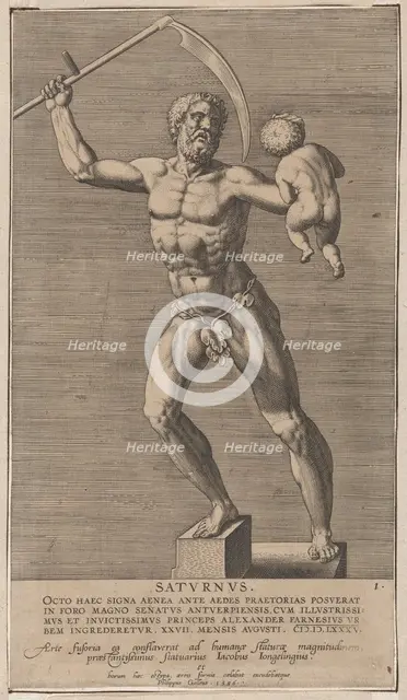 Plate 1: Saturn; statue of the nude god standing on a socle, holding a scythe in his right..., 1586. Creator: Philip Galle.