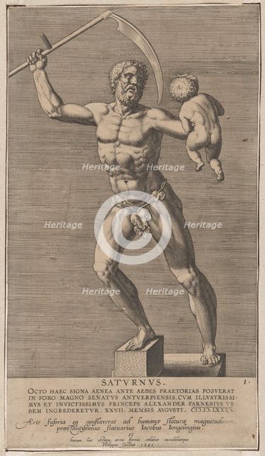 Plate 1: Saturn; statue of the nude god standing on a socle, holding a scythe in his right..., 1586. Creator: Philip Galle.