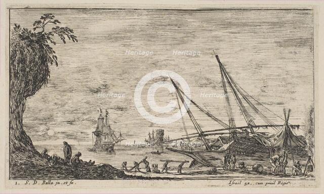 Plate 1: seaport with ships, from 'Seascapes' (Paysages maritimes), ca. 1644. Creator: Stefano della Bella.