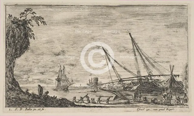 Plate 1: seaport with ships, from 'Seascapes' (Paysages maritimes), ca. 1644. Creator: Stefano della Bella.