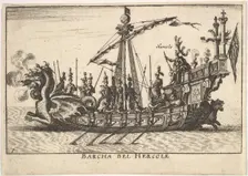 Plate 1: Ship of Hercules (Barcha del Hercole), with dragon-headed prow and Hercules on pl..., 1664. Creator: Unknown