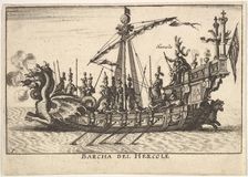Plate 1: Ship of Hercules (Barcha del Hercole), with dragon-headed prow and Hercules on pl..., 1664. Creator: Unknown
