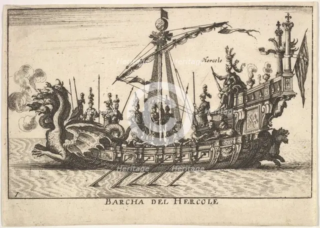 Plate 1: Ship of Hercules (Barcha del Hercole), with dragon-headed prow and Hercules on pl..., 1664. Creator: Unknown.