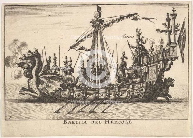 Plate 1: Ship of Hercules (Barcha del Hercole), with dragon-headed prow and Hercules on pl..., 1664. Creator: Unknown.