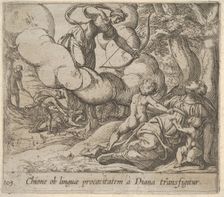 Plate 105: Diana aiming her bow toward Chione, who is accompanied by two children, in anot..., 1606. Creator: Antonio Tempesta