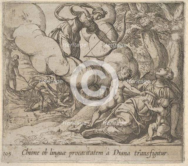 Plate 105: Diana aiming her bow toward Chione, who is accompanied by two children, in anot..., 1606. Creator: Antonio Tempesta.