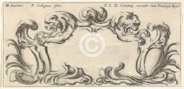 Plate 10: a cartouche with the heads of two lions in profile to left and right in t..., ca. 1640-45. Creator: Francois Collignon.