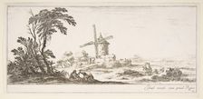 Plate 10: a family in center foreground, various figures and horses in middleground, a..., ca. 1641. Creator: Stefano della Bella