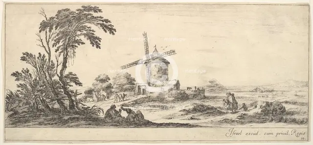 Plate 10: a family in center foreground, various figures and horses in middleground, a..., ca. 1641. Creator: Stefano della Bella.
