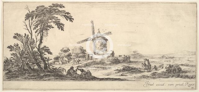Plate 10: a family in center foreground, various figures and horses in middleground, a..., ca. 1641. Creator: Stefano della Bella.