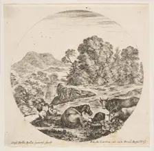 Plate 10: a horse lying down at center, a cow and two goats at right, two seated sheph..., ca. 1646. Creator: Stefano della Bella