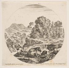 Plate 10: a horse lying down at center, a cow and two goats at right, two seated sheph..., ca. 1646. Creator: Stefano della Bella
